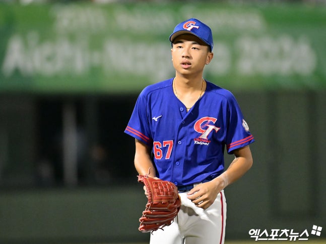 대만 야구 국가대표팀 투수 린이웨이가 21일 일본 아이치현의 오카자키 시민구장에서 열린 2026 아이치·나고야 아시안게임 조별리그 B조 1차전에 한국전에 선발등판, 5이닝 1실점으로 호투했다. 사진 김한준 기자