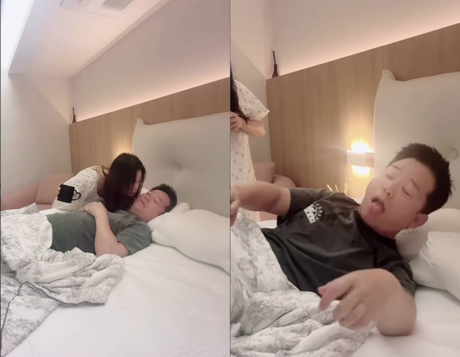 ベッドで眠るキム・ジュノにキム・ジミンが頬を寄せる場面と、顔に水がかかって起き上がる場面を並べた動画の画像。