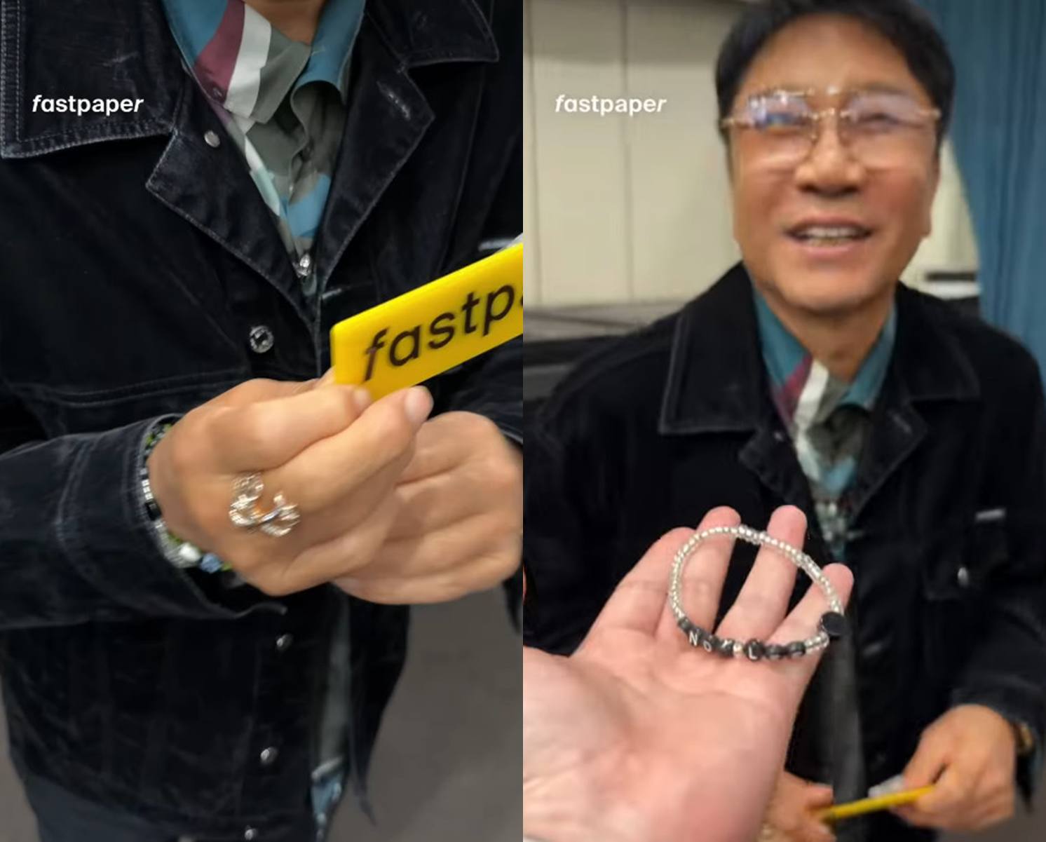SuperMのリングを見せるイ・スマン氏と、手渡されたブレスレット