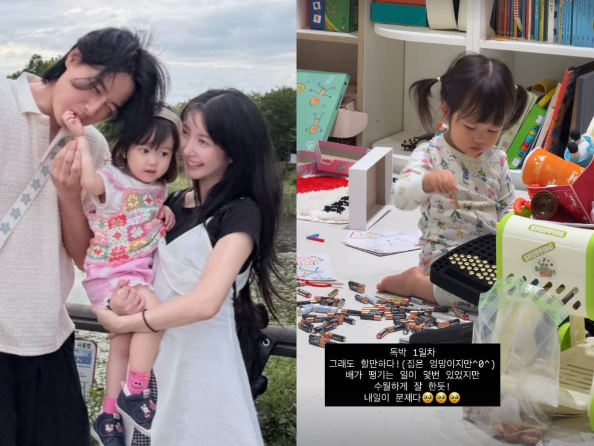 アヤネとイ・ジフン、長女の家族写真と、電池で遊ぶ長女の様子を並べた画像