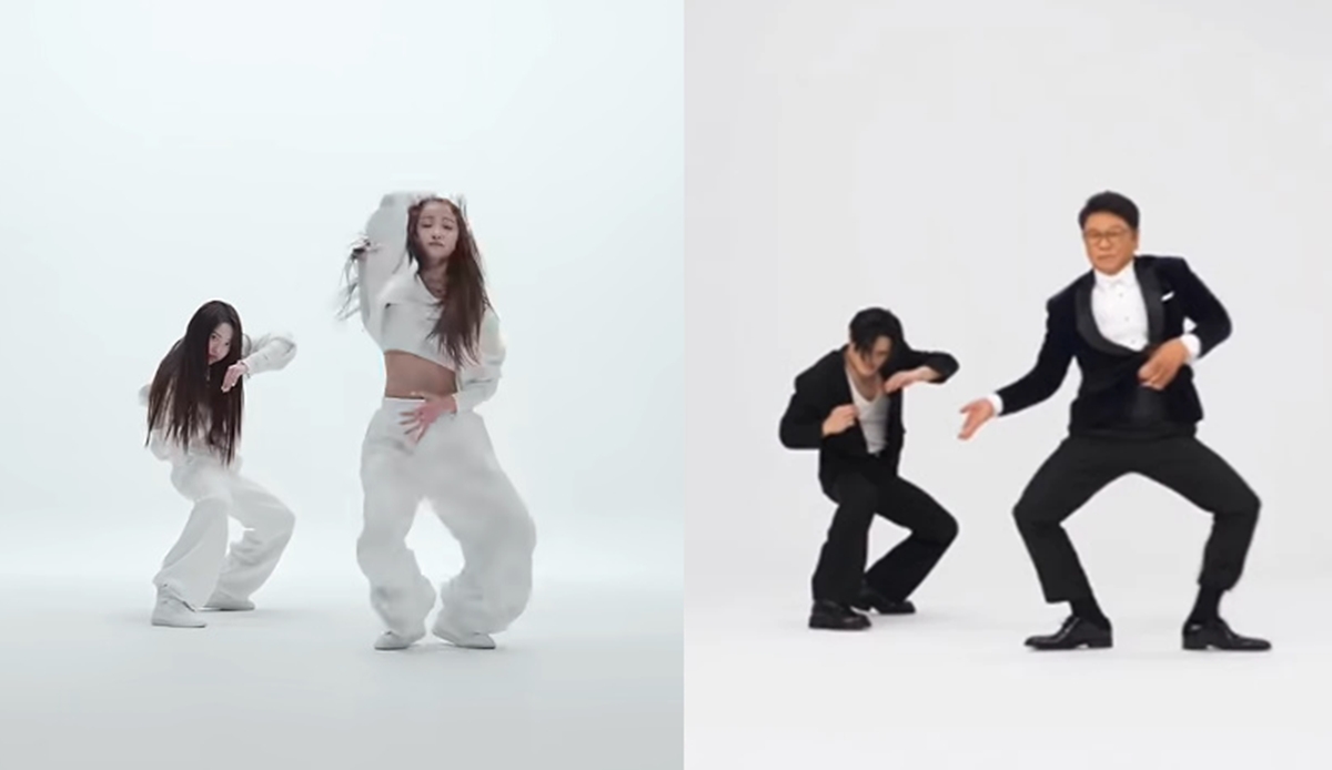 A2O LITEのダンス映像と、AI合成で同じ振り付けを踊るように見せたイ・スマンの映像を並べた画像