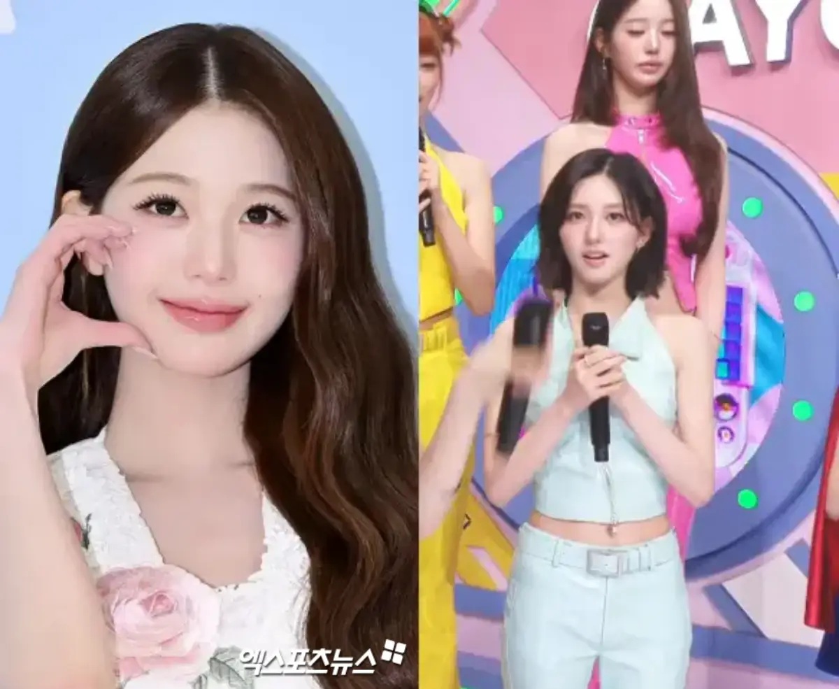 IVEウォニョンの写真と、SBS『人気歌謡』のステージに立つ姿を並べた記事写真