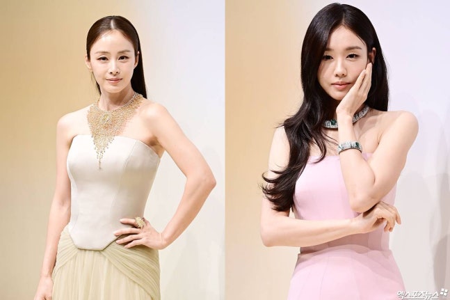 ハイジュエリーイベントで白いドレスを着たキム・テヒとピンクのドレス姿のアン・ウンジン