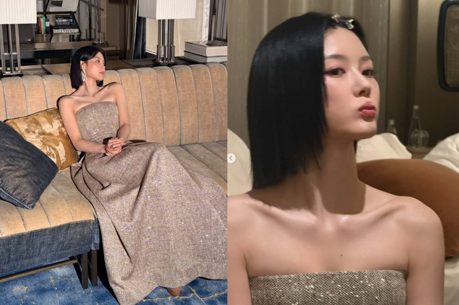 香港で、きらめくベージュ系のロングドレスを着てソファに座るキム・ユジョン