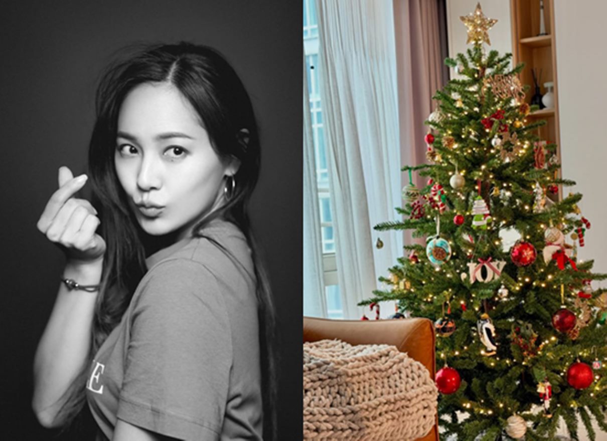 クリスマスツリーの写真とS.E.S.出身ユジンのモノクロポートレート
