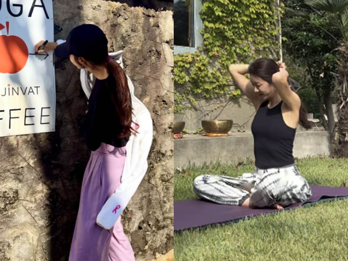 パク・ハンビョルが済州のカフェに「YOGA」「COFFEE」と書いた案内板を掲げ、ヨガマットに座る様子