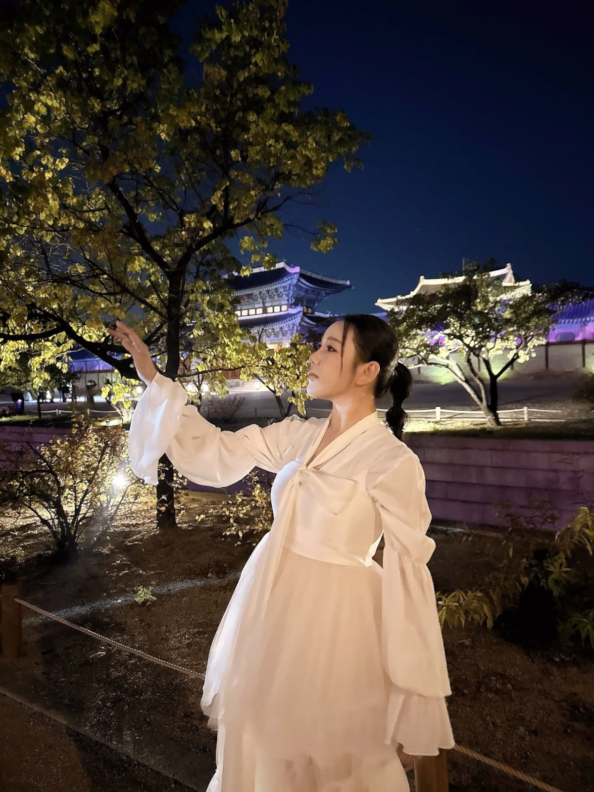 ライトアップされた景福宮を背景に、白い韓服姿で手を伸ばすソン・ガイン