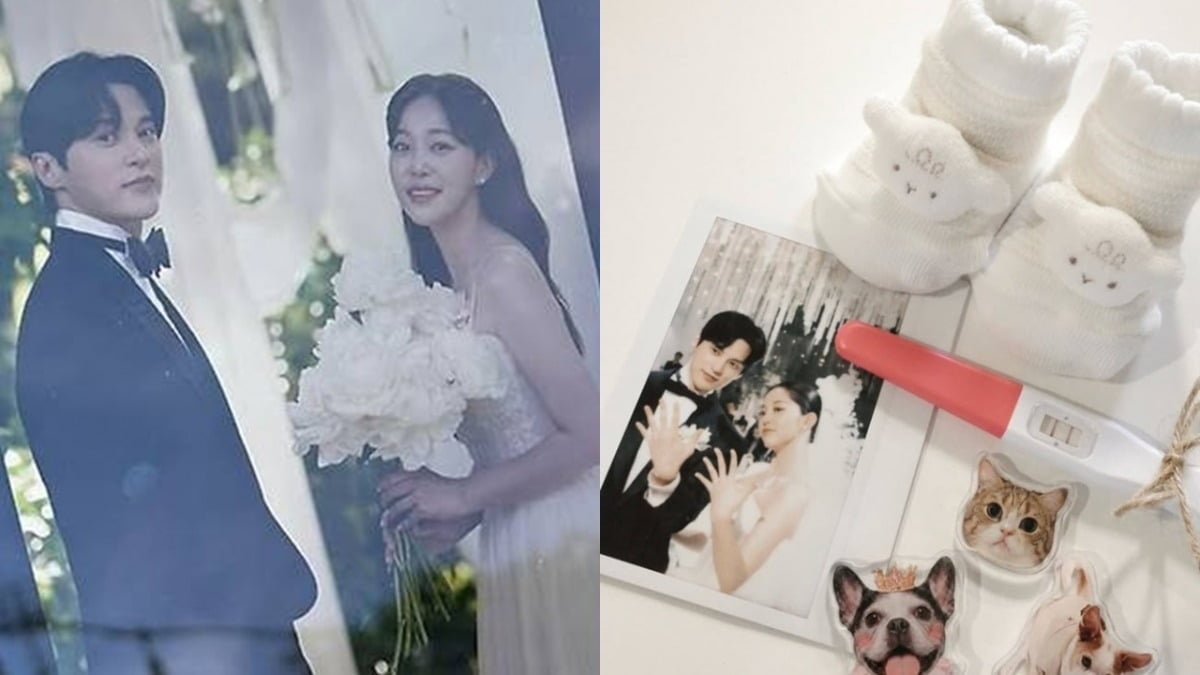 ユン・ソヌとキム・ガウンの結婚写真、赤ちゃん用の靴下と妊娠検査薬、ペットの写真を並べた画像
