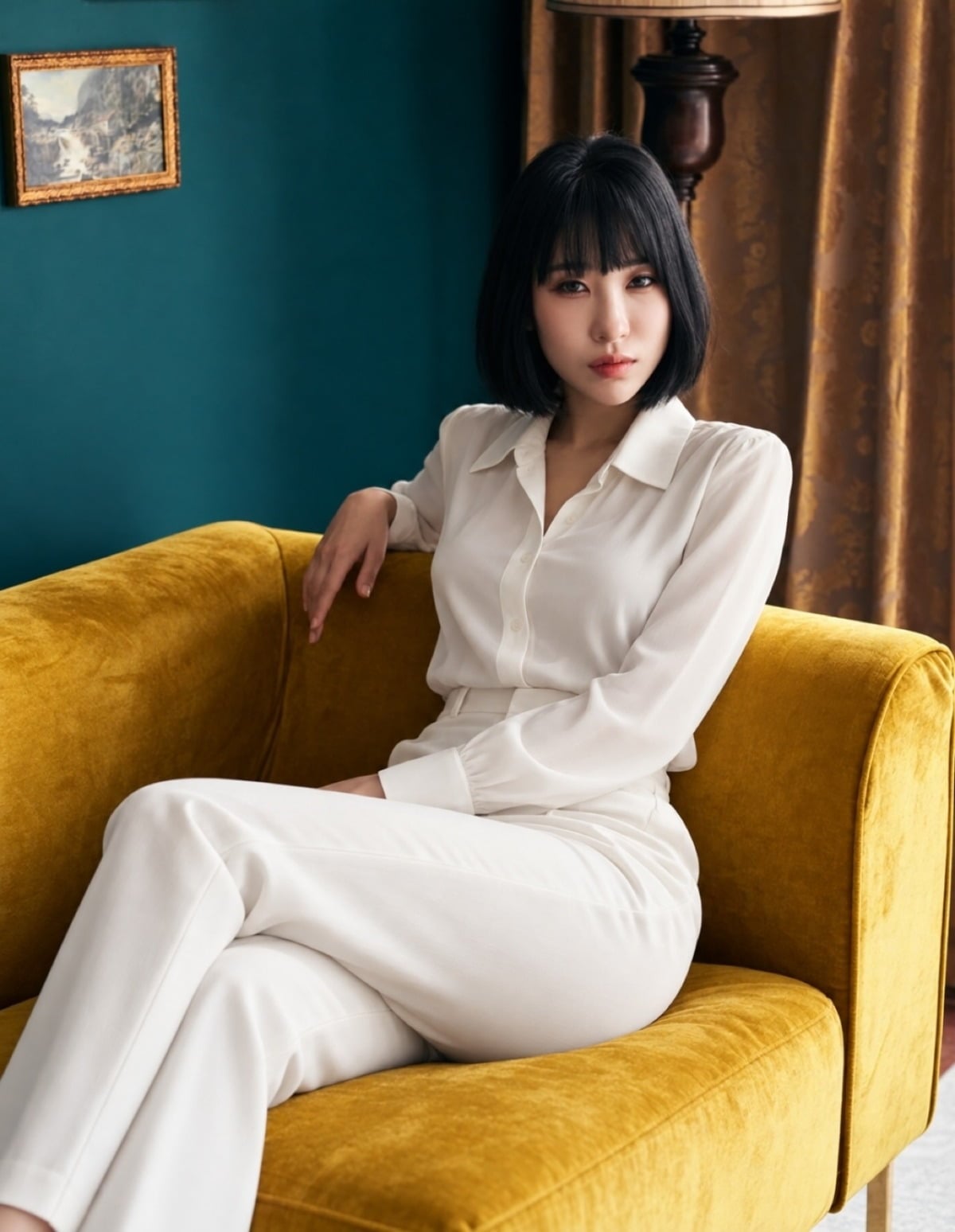 白いシャツとワイドパンツを合わせ、黄色いソファに座るイ・セヨン。