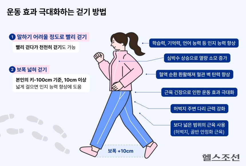 보폭을 넓혀서, 걸으면서 말하기 어려울 정도로 빨리 걸으면 걷기 운동 효과가 극대화된다./그래픽=김경아