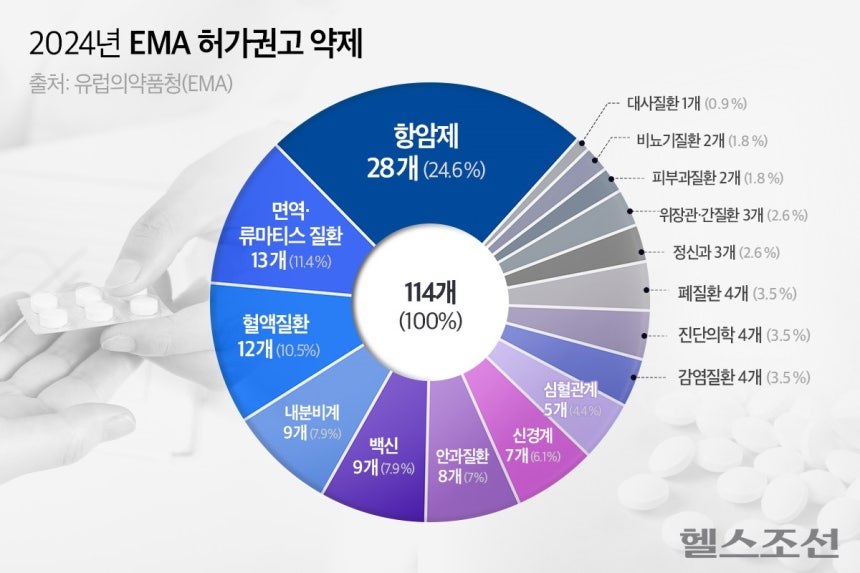 지난해 유럽의약품청의 허가 권고를 받은 114개의 약제 중 항암제가 28건으로 가장 많았다./그래픽=최우연