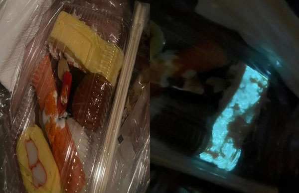 밝은 곳에서 본 초밥세트(왼쪽)와 어두운 곳에서 본 초밥세트./사진=페이스북 캡쳐