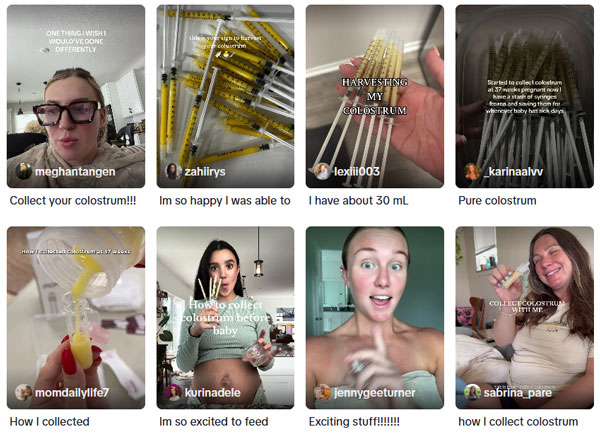 해외에서 출산 전 유방에서 짜낸 액체를 초유라고 생각하고 보관하는 것이 유행처럼 퍼졌으나, 이는 초유가 아니며 모을 이유가 없다고 전문가들은 말한다./ 사진 = 틱톡 검색 화면 캡쳐