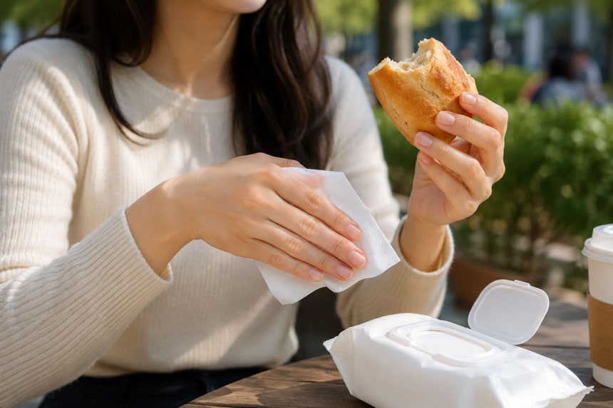 외부에서 부득이하게 물티슈를 사용했다면 손이 젖어 있는 상태에서 바로 음식을 먹기보다,마른 티슈로 한 번 더 닦은 뒤 먹는 게 좋다.​/사진=챗gpt 생성 이미지