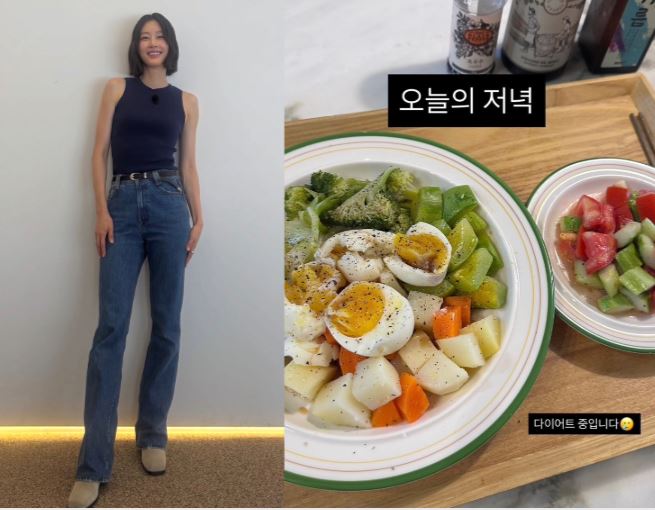 이현이가 삶은 계란과 감자, 신선한 각종 채소로 구성된 깔끔한 한 끼 식단 사진을 공개했다./사진=이현이 인스타그램 캡처