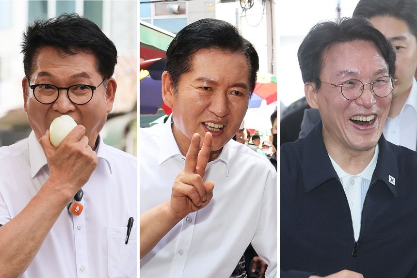 송영길 더불어민주당 당대표 후보가 14일 전남광주통합특별시 장흥군 정남진장흥토요시장에서  양파를 맛보고 있다. 같은날 경기도 성남시 모란시장에서 상인들과 인사하는 정청래 당대표 후보, 서울 동대문구 경동시장에서 시민
