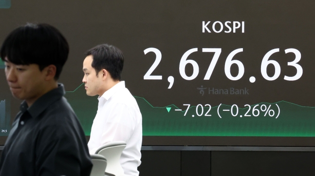 3일 오후 서울 중구 하나은행 딜링룸 전광판에 코스피 지수 등이 표시되고 있다. 이날 코스피 지수는 전 거래일 대비 7.02포인트(0.26%) 내린 2676.63에, 코스닥은 1.89포인트(0.22%) 내린 865.