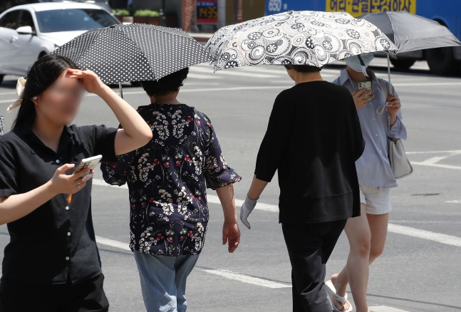 29일 오후 대구 중구 동성로에서 뙤약볕을 피하기 위해 양산을 쓴 시민들이 목적지를 향해 발걸음을 재촉하고 있다. /뉴스1