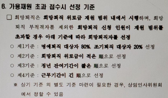한국전력의 '2024년 희망퇴직 시행 기준' 공문 일부. /익명 제공