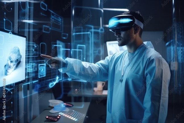 의사가 가상현실(VR) 기기를 쓰고 인공지능(AI)을 갖춘 로봇에게 수술을 지시하는 모습의 상상도./Adobe Stock
