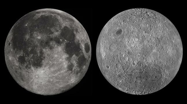 달의 앞면(왼쪽)과 뒷면. 달의 앞면 검은 부분이 광활한 평원이다./나사 제공