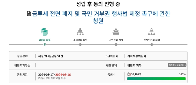 금융투자소득세 폐지 청원이 10일 동의 요건인 5만명을 넘어섰다. /국회 국민동의청원 홈페이지 캡처.