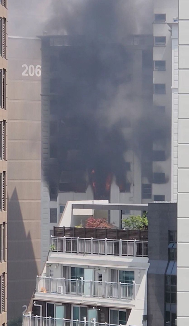 20일 오후 서울 강남구 역삼동의 한 아파트에서 불이 나 검은 연기가 치솟고 있다. /연합뉴스