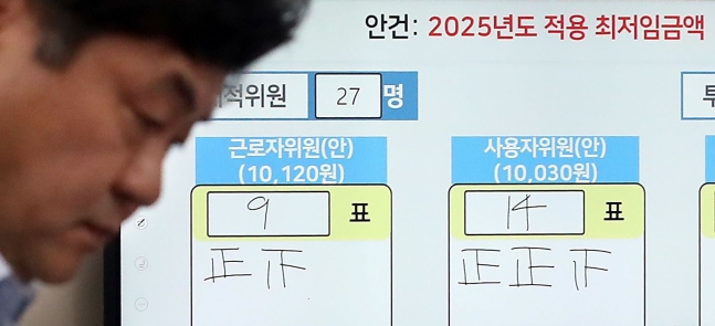 12일 세종시 정부세종청사 최저임금위원회에서 열린 제11차 전원회의에서 2025년도 적용 최저임금액이 10,030원으로 결정된 뒤 이인재 위원장이 브리핑을 준비하고 있다..2024.7.12/뉴스1 ⓒ News1 김기