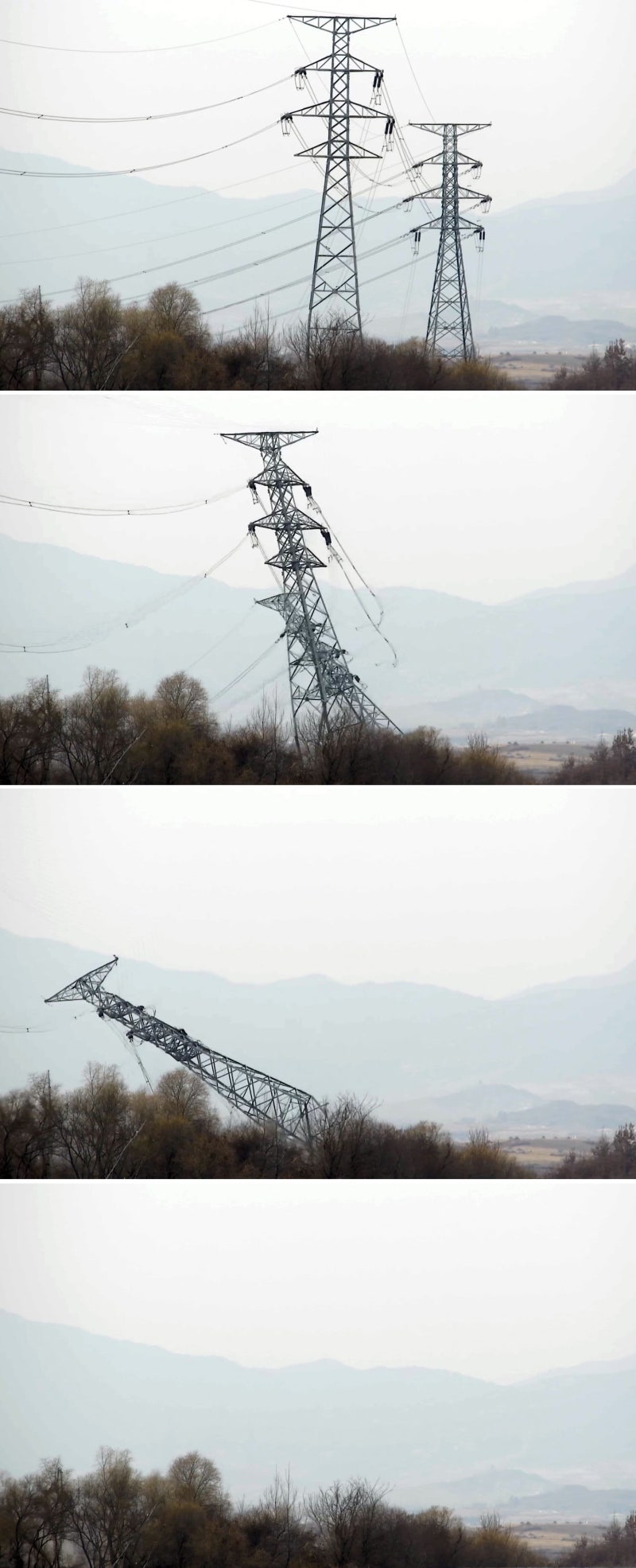 한전 소유인 北 <b>개성공단 송전탑</b> 붕괴 영상 공개… 작업자 추락도