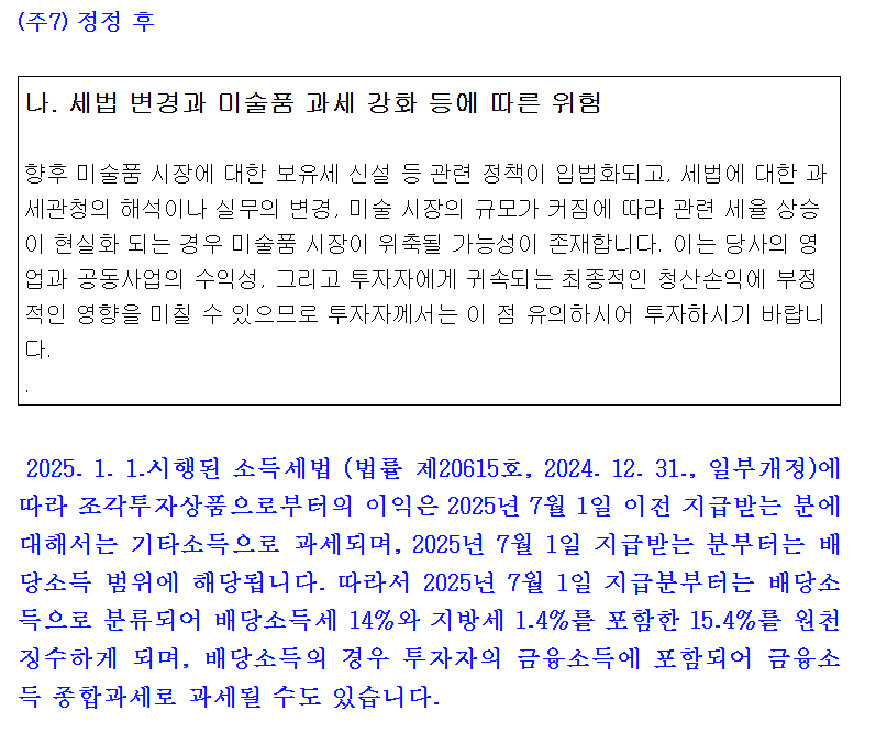 미술품 조각투자 업체 열매컴퍼니가 지난 2월 정정한 증권신고서 중 세법 변경과 미술품 과세 강화 등에 따른 위험 부분./금융감독원 전자공시시스템
