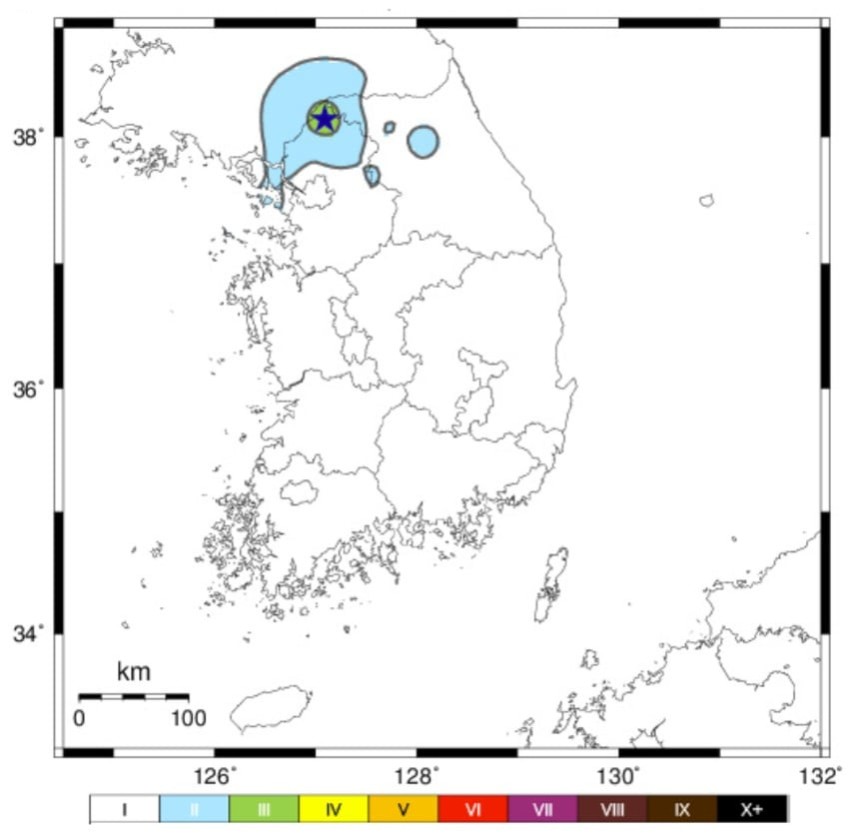 10일 경기 연천군 연천군 북북동쪽 5㎞ 지점에서 발생한 규모 3.3 지진 계기진도정보./뉴스1