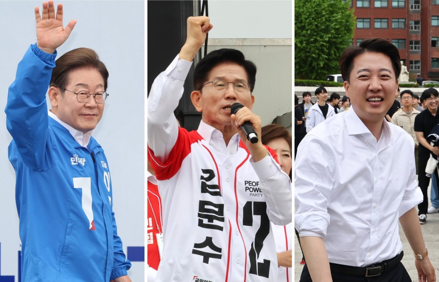 16일 전북 익산, 경기 수원, 충남 천안에서 각각 유세하는 더불어민주당 이재명(왼쪽부터)·국민의힘 김문수·개혁신당 이준석 대선 후보. /연합뉴스
