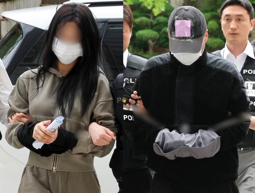 축구 국가대표팀 주장 손흥민을 상대로 돈을 받아내려해 공갈 혐의를 받고 있는 양씨(왼쪽, 20대 여성)와 용씨(40대 남성)가 17일 서초구 서울중앙지방법원에서 열린 구속 전 피의자심문(영장심사)에 출석하고 있다. 