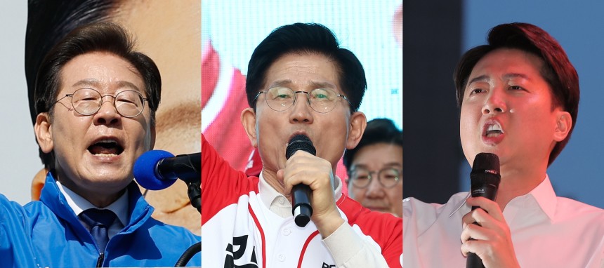 이재명 더불어민주당, 김문수 국민의힘, 이준석 개혁신당 대통령 후보가 공식 선거운동이 시작된 12일 각각 서울 청계광장, 대구 서문시장, 서울 청계광장에서 지지를 호소하고 있다. /뉴스1