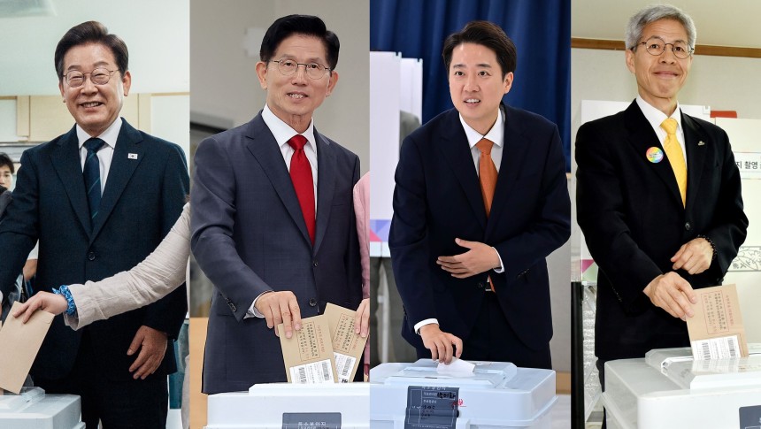 이재명(왼쪽부터) 더불어민주당 대선 후보, 김문수 국민의힘 대선 후보, 이준석 개혁신당 대선 후보, 권영국 민주노동당 대선 후보가 제21대 대선 사전투표 첫날인 29일 투표하고 있다. /뉴스1