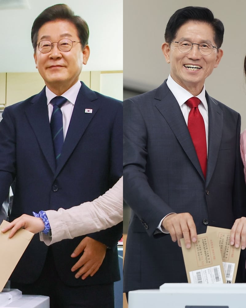 (서울·인천=뉴스1) 안은나 기자, 김민지 기자 = 이재명 더불어민주당 대통령 후보(왼쪽)와 김문수 국민의힘 대통령 후보가 제21대 대통령선거 사전투표 첫날인 29일 오전 각각 서울 서대문구 구 신촌동주민센터와 인천