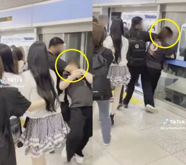 걸그룹 하츠투하츠 경호원이 공항에서 시민을 저지하고 있다./ 틱톡