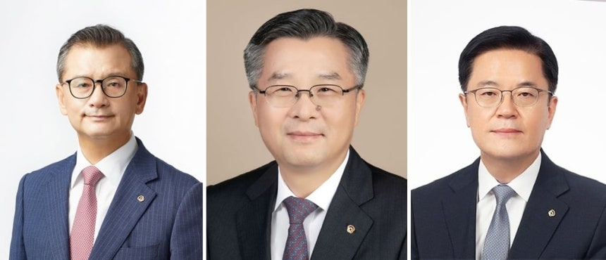 왼쪽부터 여승주 한화그룹 경영지원실장, 권혁웅 한화생명 대표, 이경근 한화생명 대표./한화그룹 제공