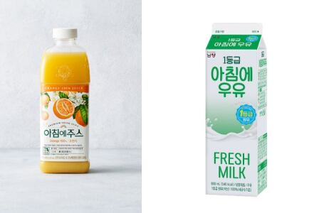 (왼쪽부터)서울우유협동조합의 '아침에 주스'와 남양유업의 '아침에 우유'./각 사 제공