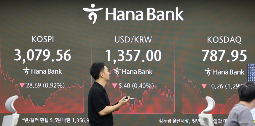 26일 서울 중구 하나은행 본점 딜링룸 전광판에 코스피 지수가 표시되고 있다. 이날 코스피 지수는 전거래일 대비 28.69포인트(0.92%) 내린 3,079.56으로, 코스닥은 10.26포인트(1.29%) 하락한 7