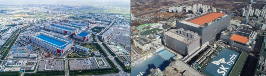 왼쪽부터 삼성전자 평택캠퍼스, SK하이닉스 이천 M16 공장 전경./각 사 제공