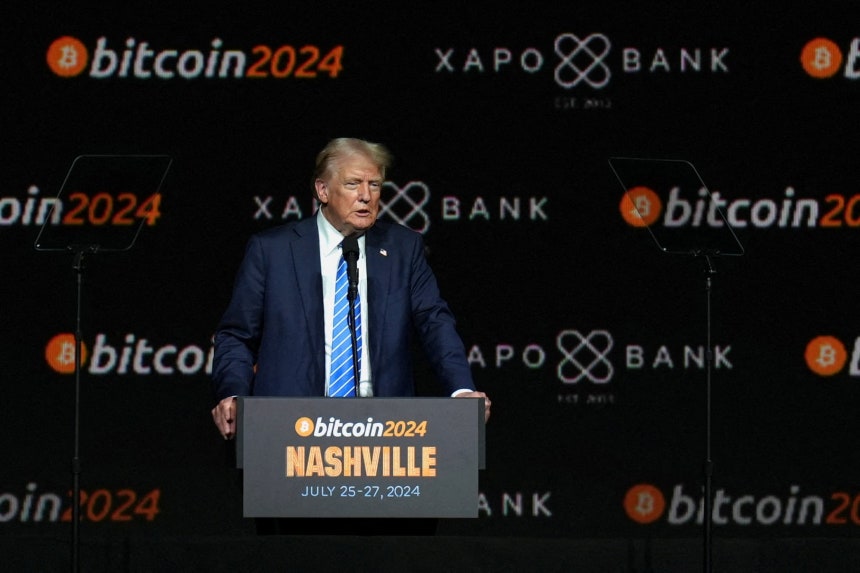  FILE PHOTO: Republican presidential nominee and former U.S. President Donald Trump speaks at the Bitcoin 2024 event in 