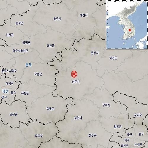 기상청에 따르면 18일 오후 9시 37분 40초쯤 경북 상주시 북서쪽 약 13㎞ 지점에서 규모 2.3의 지진이 발생했다./기상청