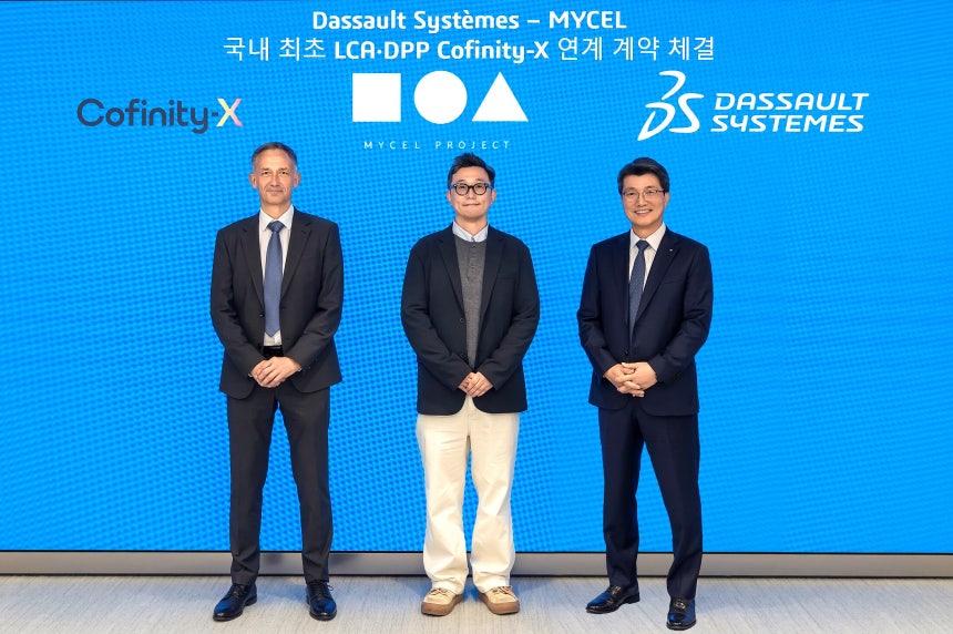 토마스 뢴쉬(Thomas R&#246;sch) Cofinity X 대표이사(왼쪽), 사성진 마이셀 대표이사(가운데), 정운성 다쏘시스템코리아 대표이사(오른쪽)가 LCA·DPP 통합 프로젝트 추진을 위한 업무협약(MO