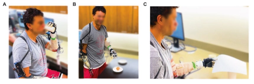 사용자와 AI가 협력해 제어한 덕분에 로봇 의수로 일회용 컵을 찌그러뜨리지 않고 잡아 물을 마시고(A),손가락 세 개로 달걀을 집거나(B) 엄지와 검지로 종잇장을 집는 일(C)도 가능했다./Nature Commun