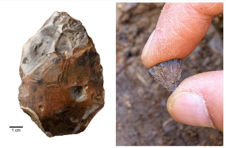 40만 년 전 유적지에서 발견된 손도끼(왼쪽).열에 파손된 상태였다.오른쪽은 2017년 해당 유적지에서 발견된 황철석이다.둘을 부딪혀 불씨를 만들었다고 추정된다./Jordan Mansfield