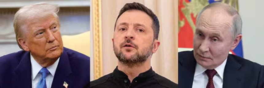 왼쪽부터 도널드 트럼프 미국 대통령,볼로디미르 젤렌스키 우크라이나 대통령,블라디미르 푸틴 러시아 대통령.