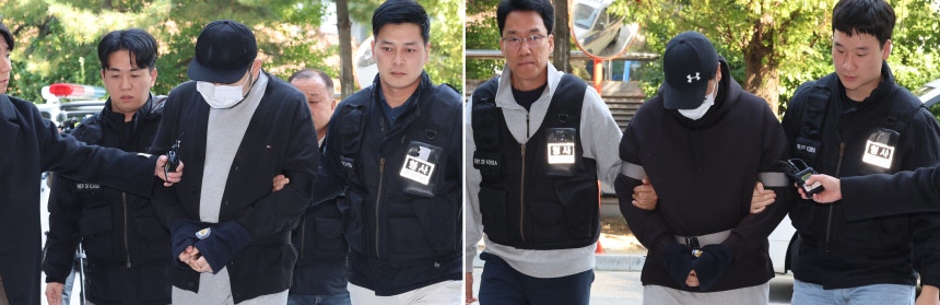 인천 아파트 지하 주차장에서 유명 유튜버를 납치하고 살해하려 한 혐의를 받는 남성 2명이 지난 10월 29일 인천 미추홀구 인천지방법원에서 열린 구속 전 피의자 심문(영장실질심사)에 출석하고 있다./연합뉴스