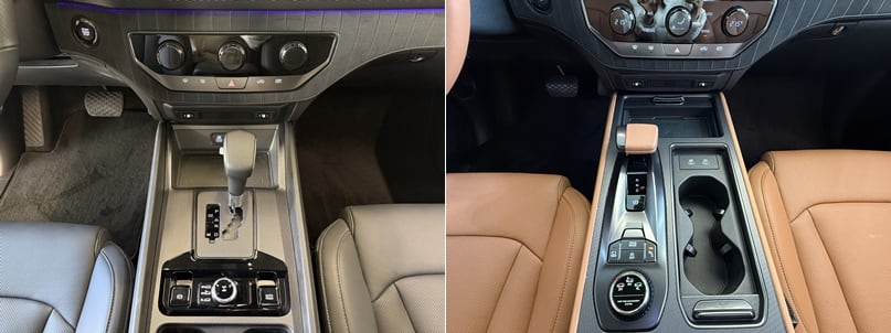 KG모빌리티의 신형 픽업 '무쏘'의 기어.왼쪽이 디젤 엔진 기어,오른쪽이 가솔린 엔진 기어다./이윤정 기자