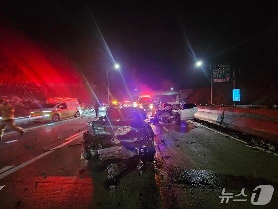 4일 오전 1시 23분께 서해안고속도로 상행선 고창분기점 인근에서 발생한 교통사고 현장에서 수습하던 경찰관 등 2명이 SUV에 치여 숨졌다./뉴스1